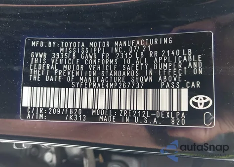 2021 Toyota Corolla Le из США, поврежденный, VIN 5YFEPMAE4MP267737